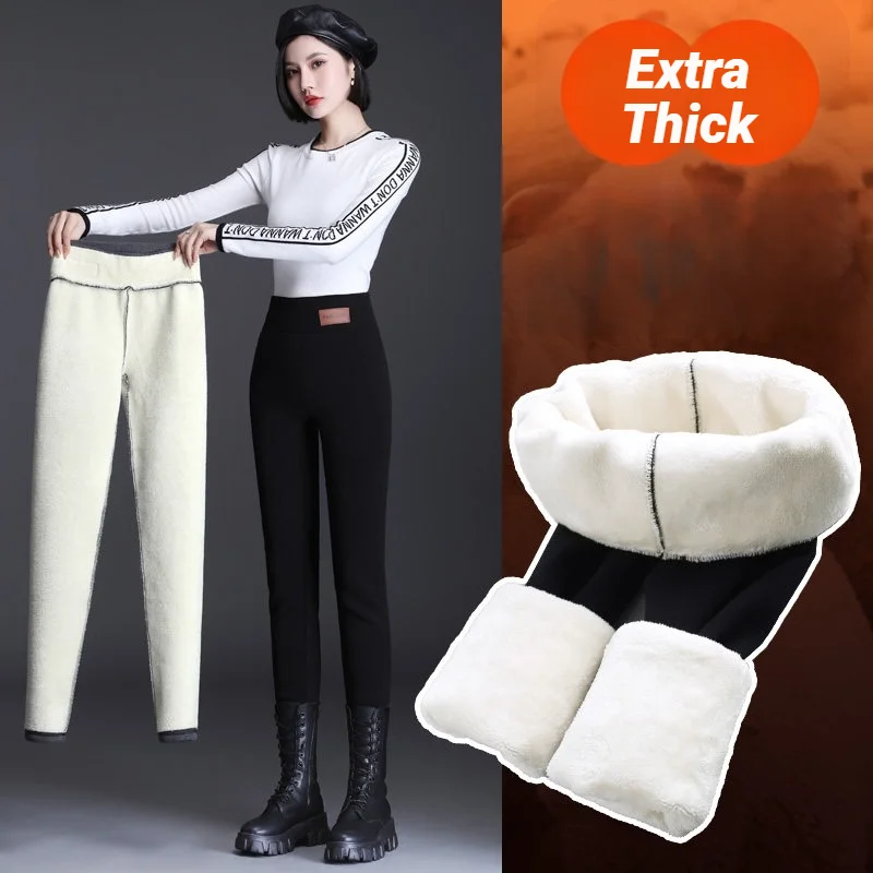 Ultra thick imitation lamb cashmere artificial velvet leggings, winter plush thickened high waisted long pants, warm pants