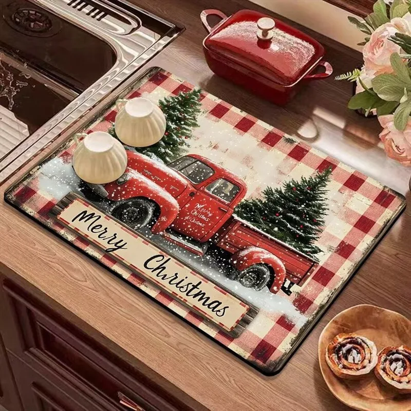 VIKAMA Diatomite Drying Mat, Water Absorbing Fast Drying Anti-Slip Kitchen Counter Red Truck Buffalo Plaid Snow