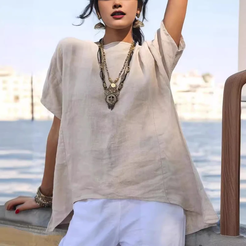 

Spring and Summer 2024 Solid Color Cotton and Linen Shirt Irregular Hem Short Sleeve Stitching Loose Round Neck Shirt Female