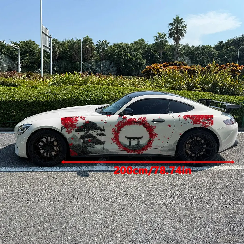 2pcs Red Moon & Maple Torii Car Side Wraps, Self-Adhesive PVC Waterproof & Scratch-Resistant Stickers, Car Accessory Gift