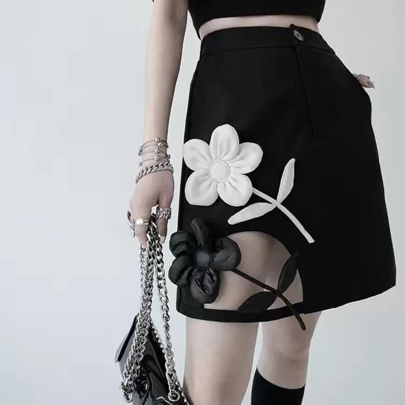 Hollow-out 3D flowers A-line Skirt 2026 Summer Women High Waist Skirt Female Elegant Skirt Girls Uniquely Designed Short Skirt