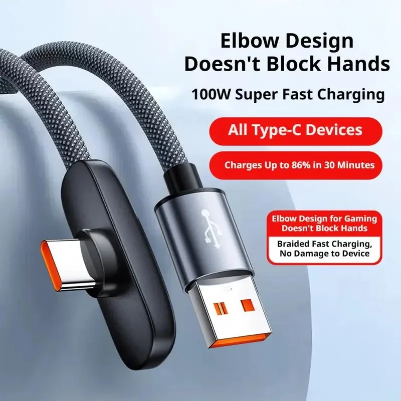 For 100W Type-C Data Cable With 90-degree Bend Interface Braided Data Cable 100W Ultra Fast Charging 100cm 150cm 59.05 inches