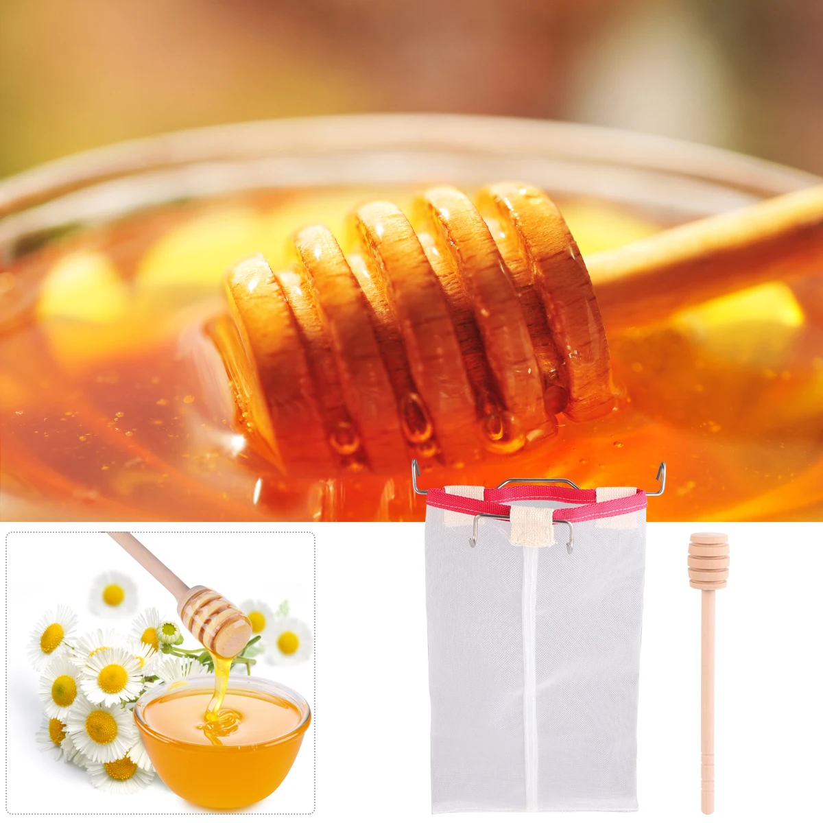

2pcs Honey Strainer Tools Fine Mesh Reusable Nylon Wood Beekeeping Kitchen Easy Clean Safe Honey Filter Strainer Net