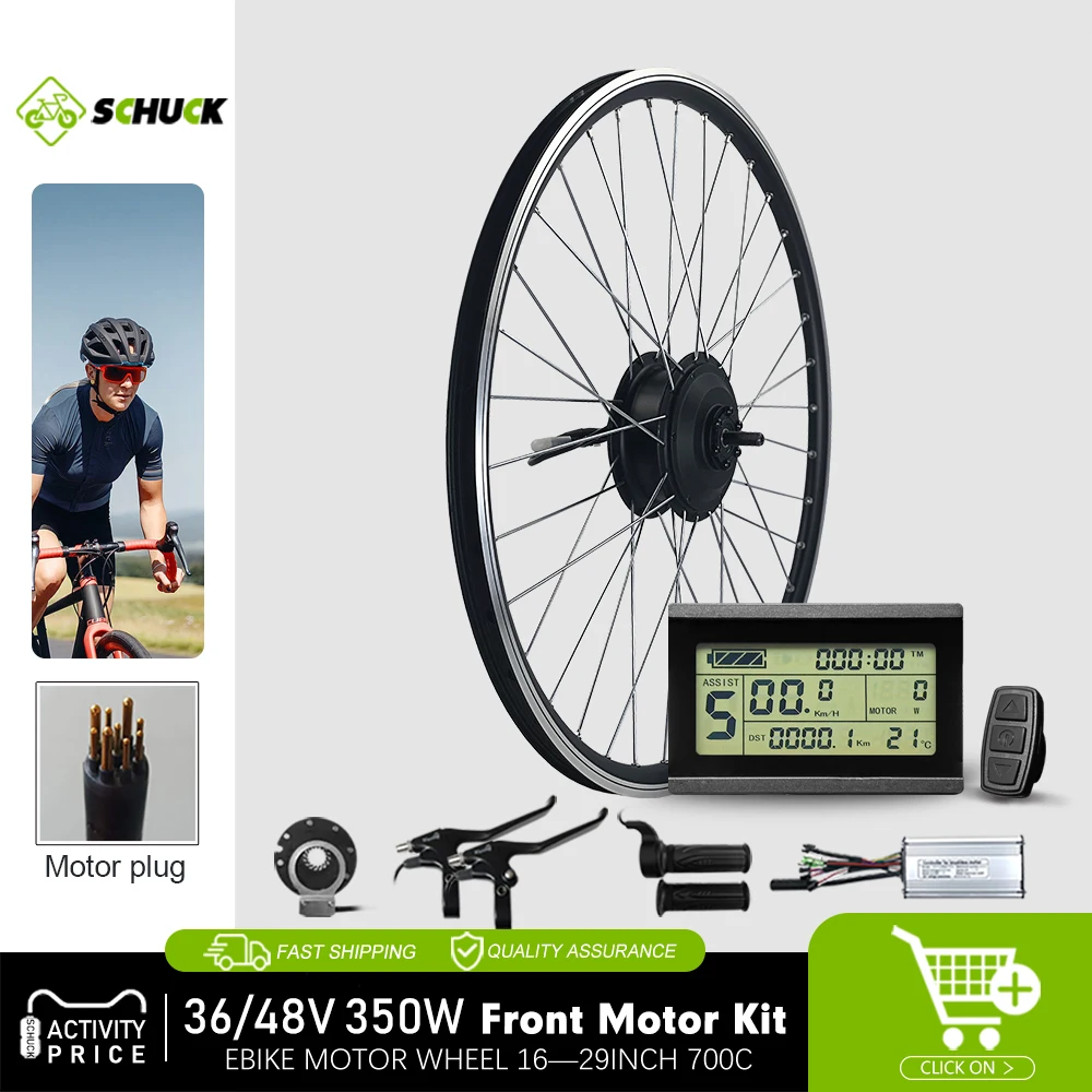 E-Bike Conversion Kit Front Brushless Gear Motor Wheel Mountain Bike Motor Kit with LCD and LED Display 16-29inch 350W 36V48V