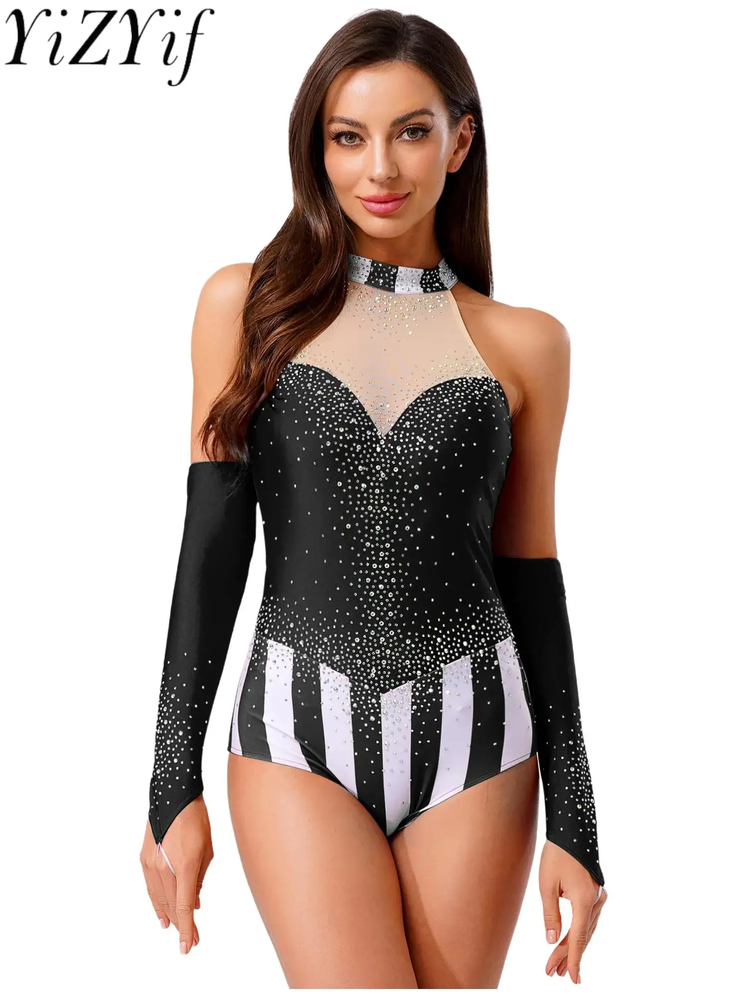 

Women Circus Ringmaster Magician Performance Bodysuit with Gloves Sleeveless Striped Gymnastic Acrobatics Dance Leotards