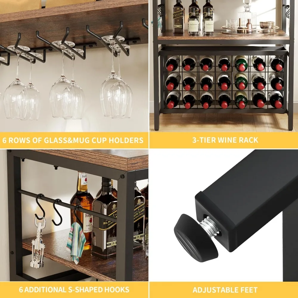 5-Tier Kitchen Storage Shelf with Power Outlets & Wine Rack, Microwave Stand for Coffee Bar, Living Room, Office