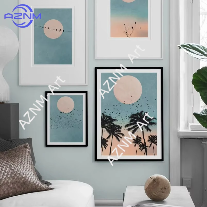 1/4 Stück, Strandpalmen, Vögel im Mondlicht, nordische Poster und Drucke, Wandkunst, Leinwandgemälde, Dekoration für Wohnzimmer