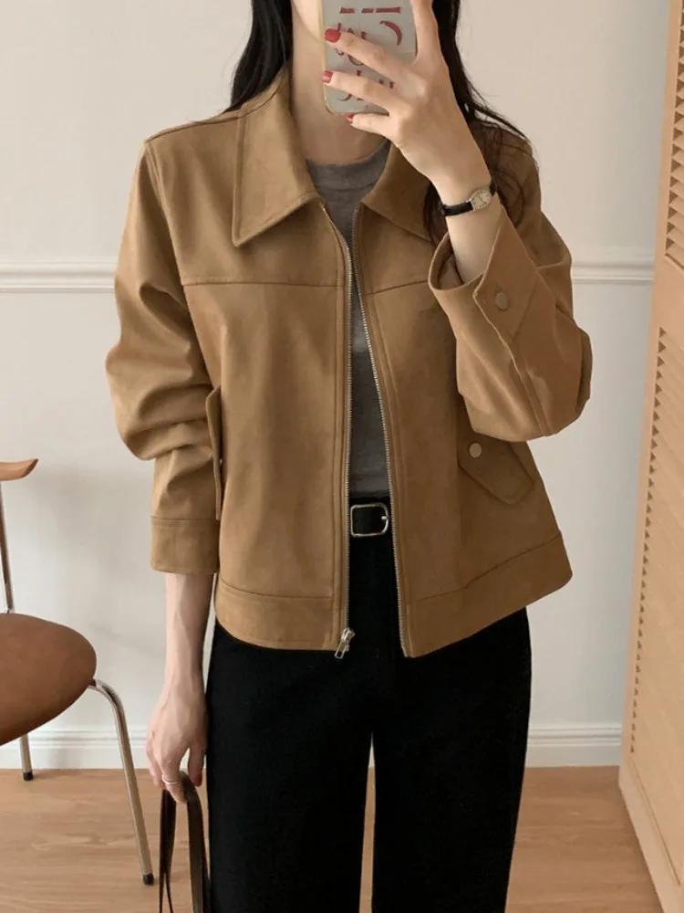 

Замшевый воротник на молнии в стиле ретро, мотоциклетный джет, женский повседневный топ, шикарный осенне-зимний комплект для поездок на работу, средняя мягкая ткань