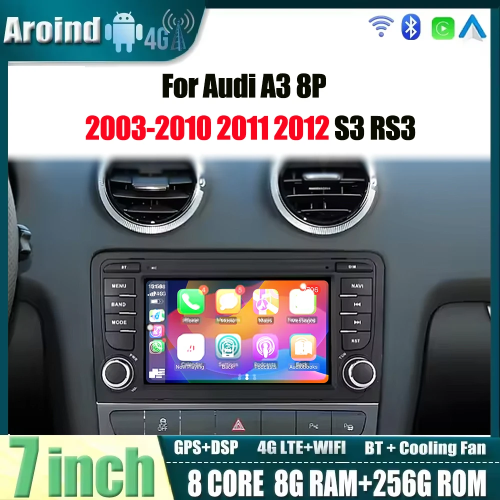 

7'' Android 14 For Audi A3 8P 2003-2010 2011 2012 S3 RS3 Car Radio Multimedia GPS Video Player Wireless Carplay GPS Wifi RDS BT