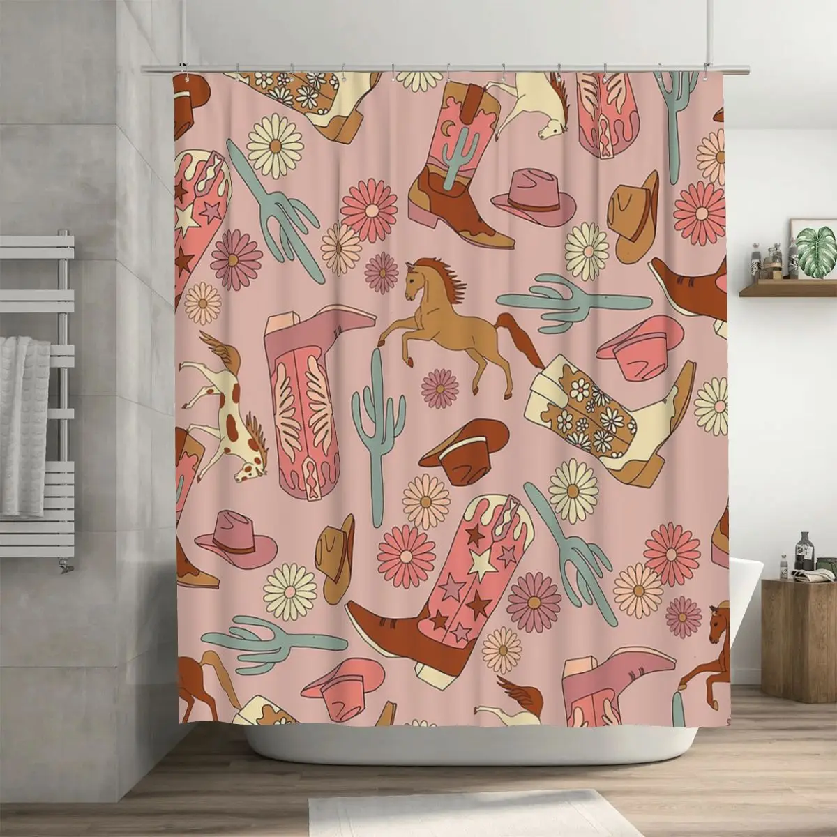 Western Cowgirl Cute Boho Neutral Pattern Shower Curtain Bathroom Polyester Waterproof Bath Curtains with Hooks