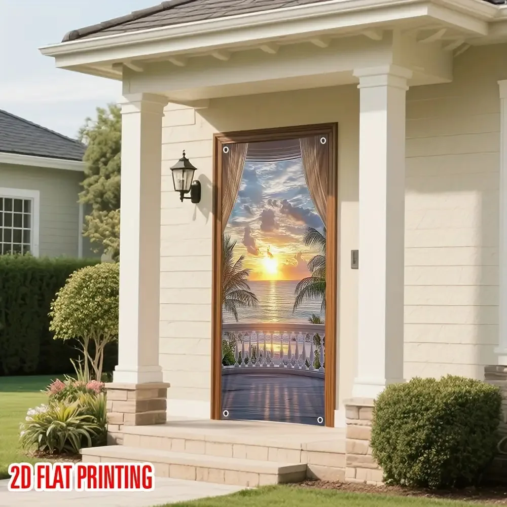 2D planar door curtain featuring sunset sea view - Printed party banner, with tropical beach scene, palm trees and sea view view 4