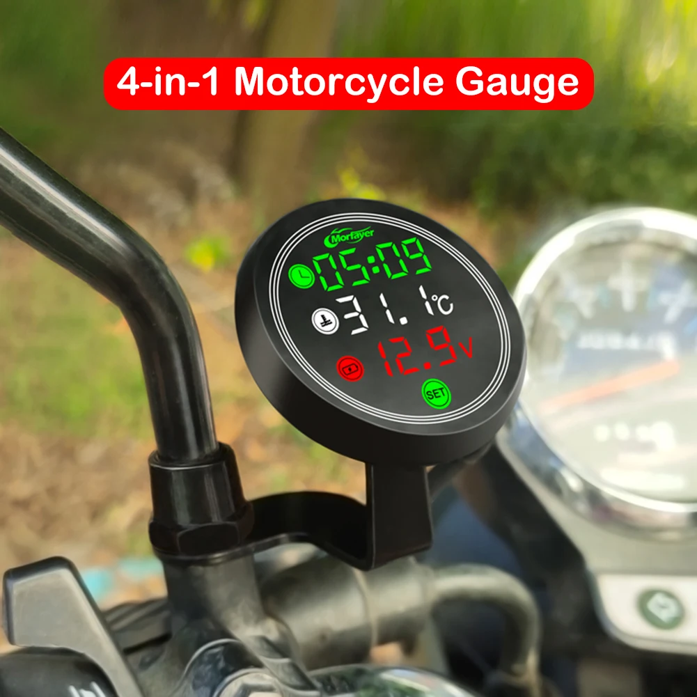 9-24V Motorcycle Thermometer LED Digital Display Electronic 4 In 1 Water Temperature Meter Voltmeter Gauge Low Voltage Alarm