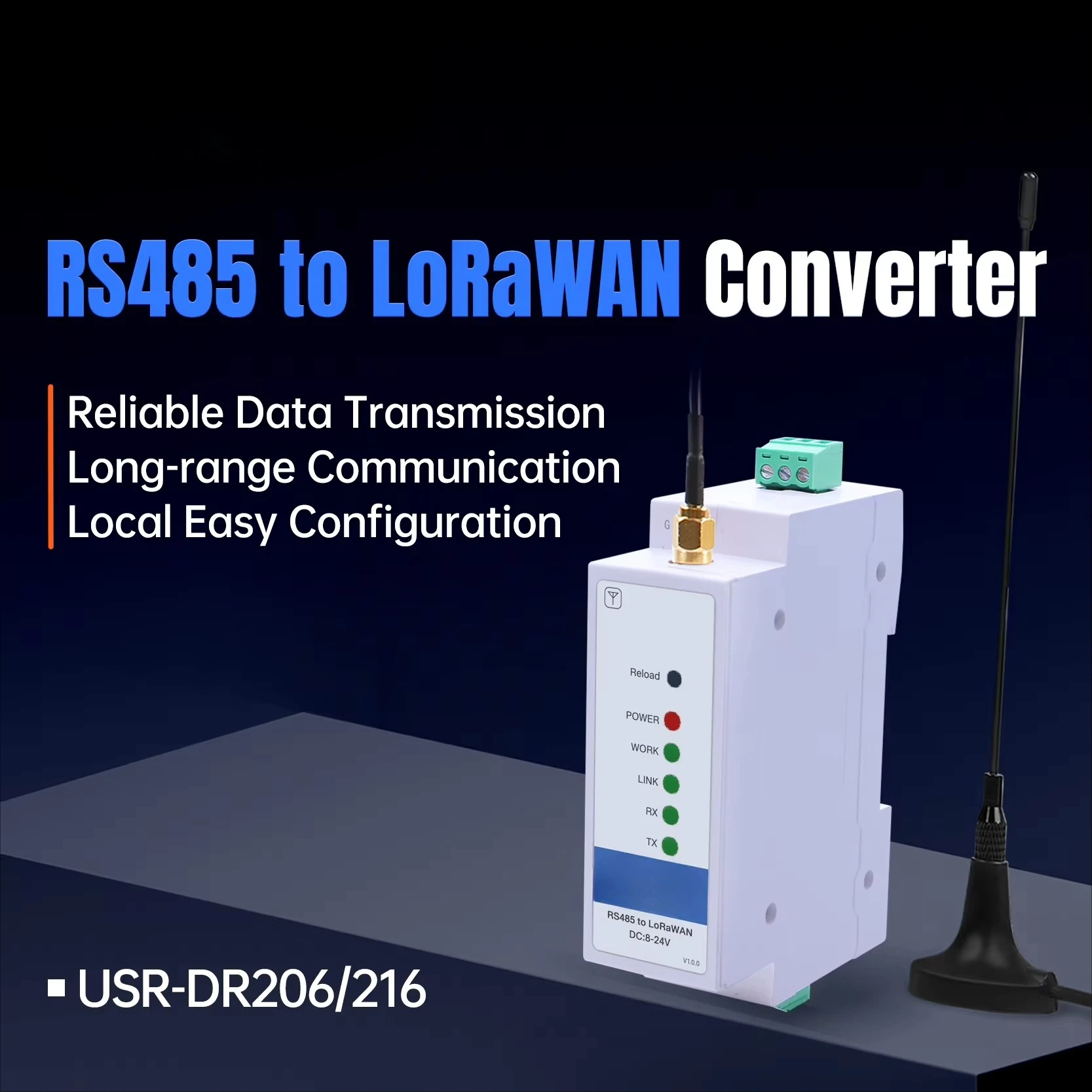 DIN Rail Serial RS485 to LoRaWAN Converter LORaWAN End Node Configuration Utility Stable and Reliable Data USR-DR206/DR216