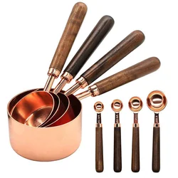 Measuring Cups Spoons Set Walnut Handle Stainless Steel Plated Copper Metal Measuring Scoop Baking Kit Kitchen Accessories