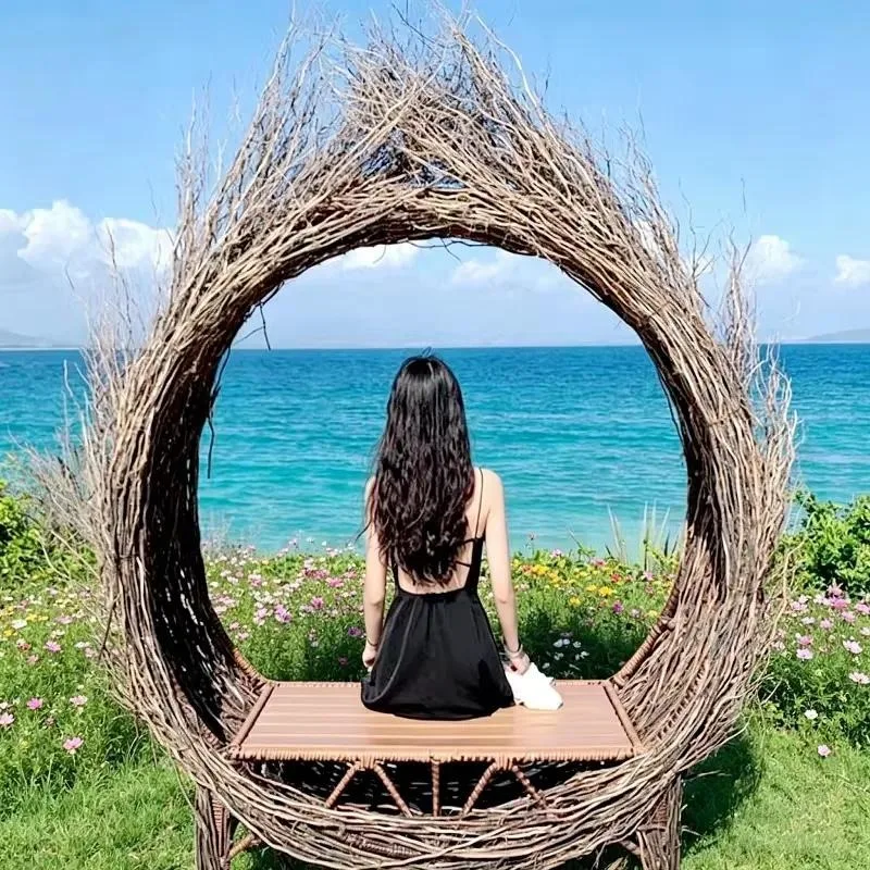 Scenic outdoor photo props, yellow chairs, seaside photography background, amusement facilities, standing round rattan bird's