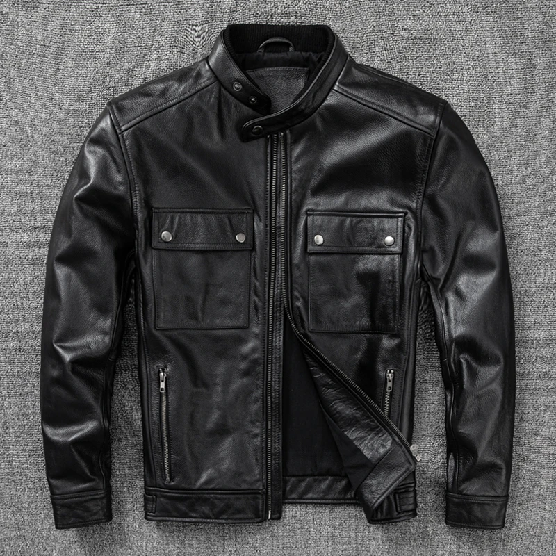 

Новинка 2025 года, кожаная куртка, верхний слой, одежда из 100% воловьей кожи, мужская мотоциклетная одежда с воротником-стойкой, осень-зима, большие размеры