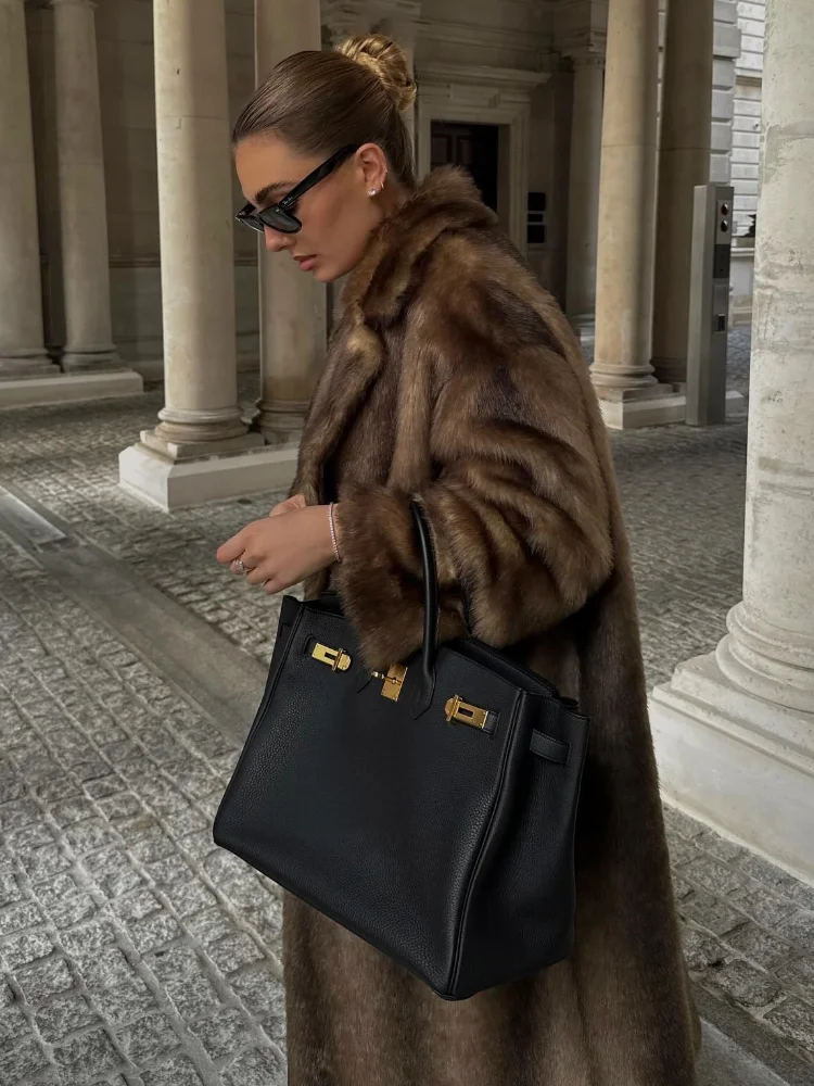 Women Luxury Brown Long Faux Fur Overcoat Fashion Lapel Single Breasted Warm Fluffy Coats 2024 Winter Lady Street Plush Outwear