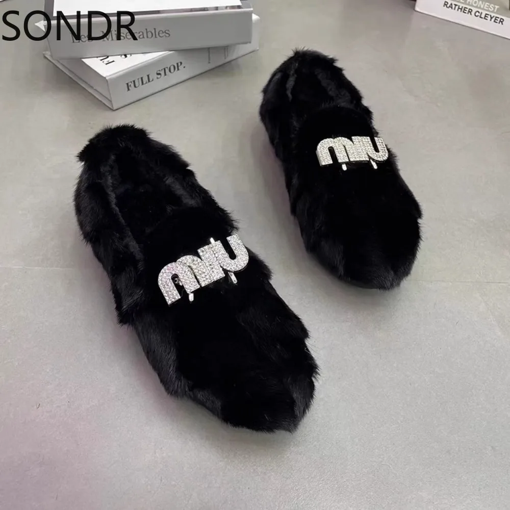 Womens Real Mink Fur Loafers Rhinestones Crystal Furry Flats Shoes Round Toe Warm Winter Snow Leopard Mixed Colors New 2024