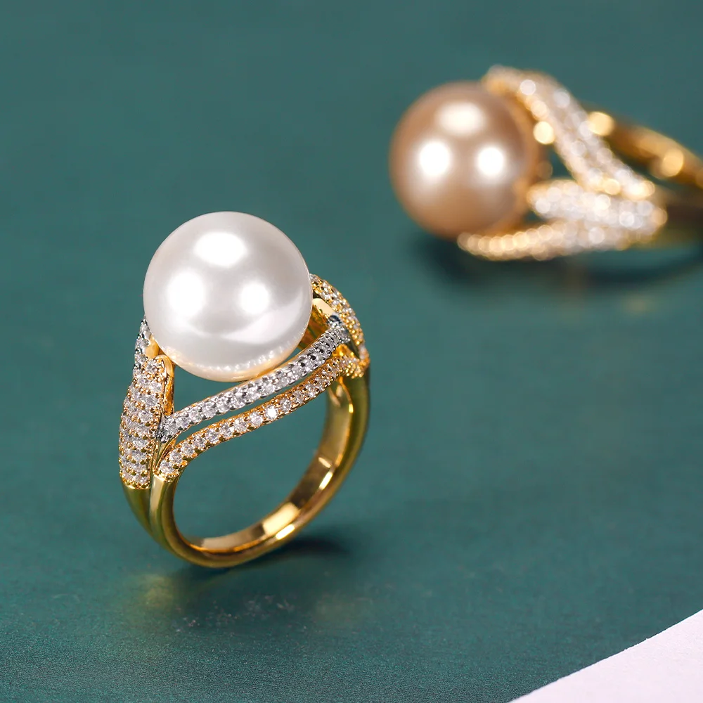 New Trendy Round Pearl Statement Rings for Women Cubic Zircon Finger Rings Beads Charm Ring Bohemian Beach Jewelry Gifts