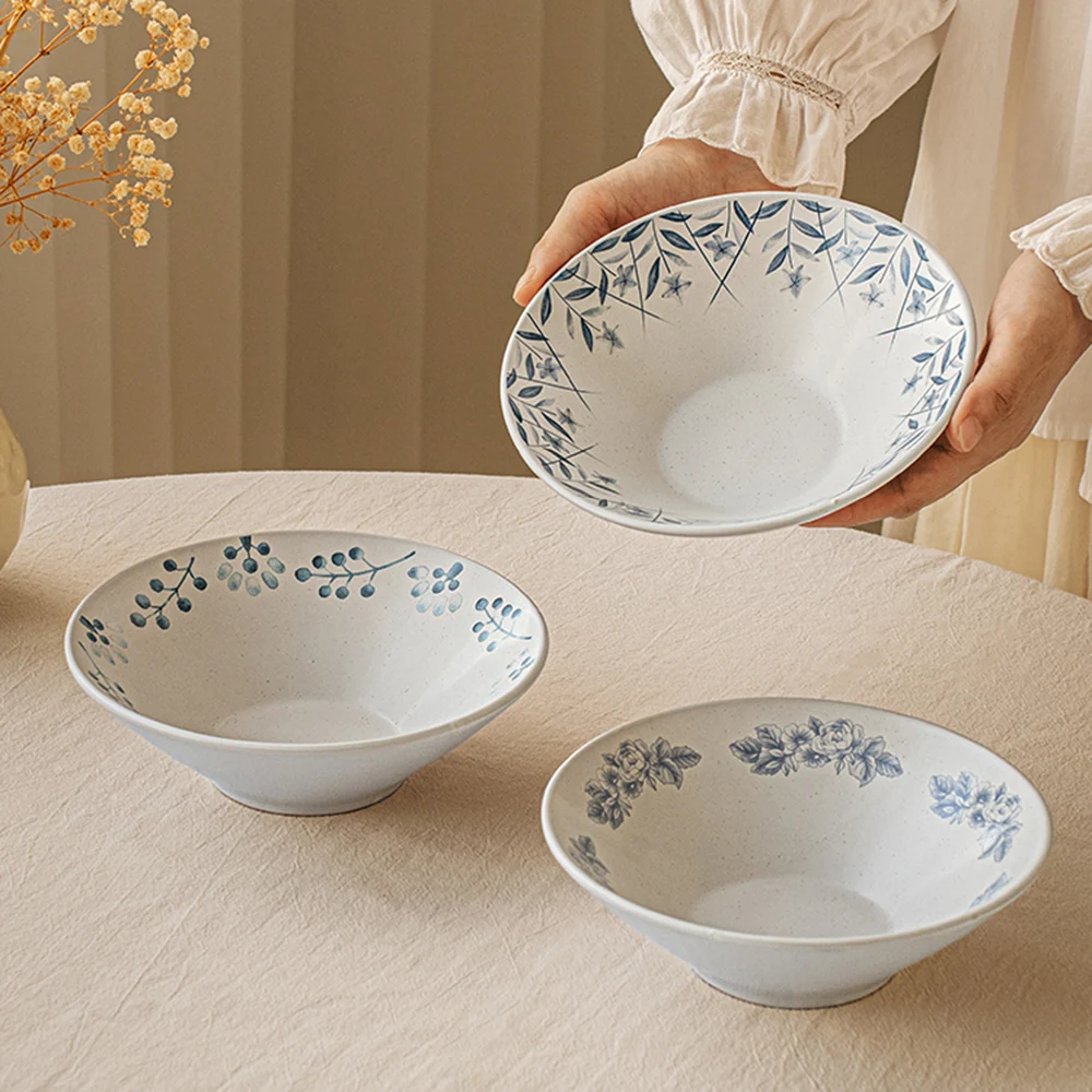 Janpanese Style Decal Floral Ceramic Bowls 7Inches Round Noodle Bowl Household Kitchen Deep Soup Porcelain Tablewares
