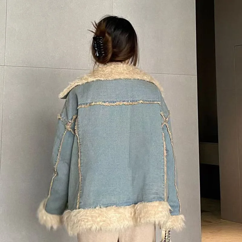 Lamb Plush Senim Jacket Women's Autumn And Winter 2024 New Fashion Lazy Wind Jacket Advanced Sense Padded Cotton-padded Coat Top