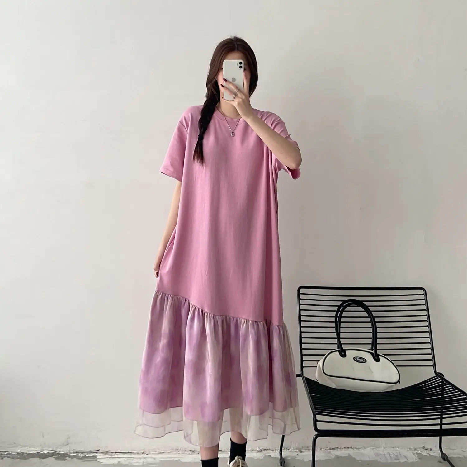 Robes d'été surdimensionnées en Patchwork, ample, assortie avec tout, t-shirt en fil de filet, vêtements pour femmes, robe longue irrégulière simple