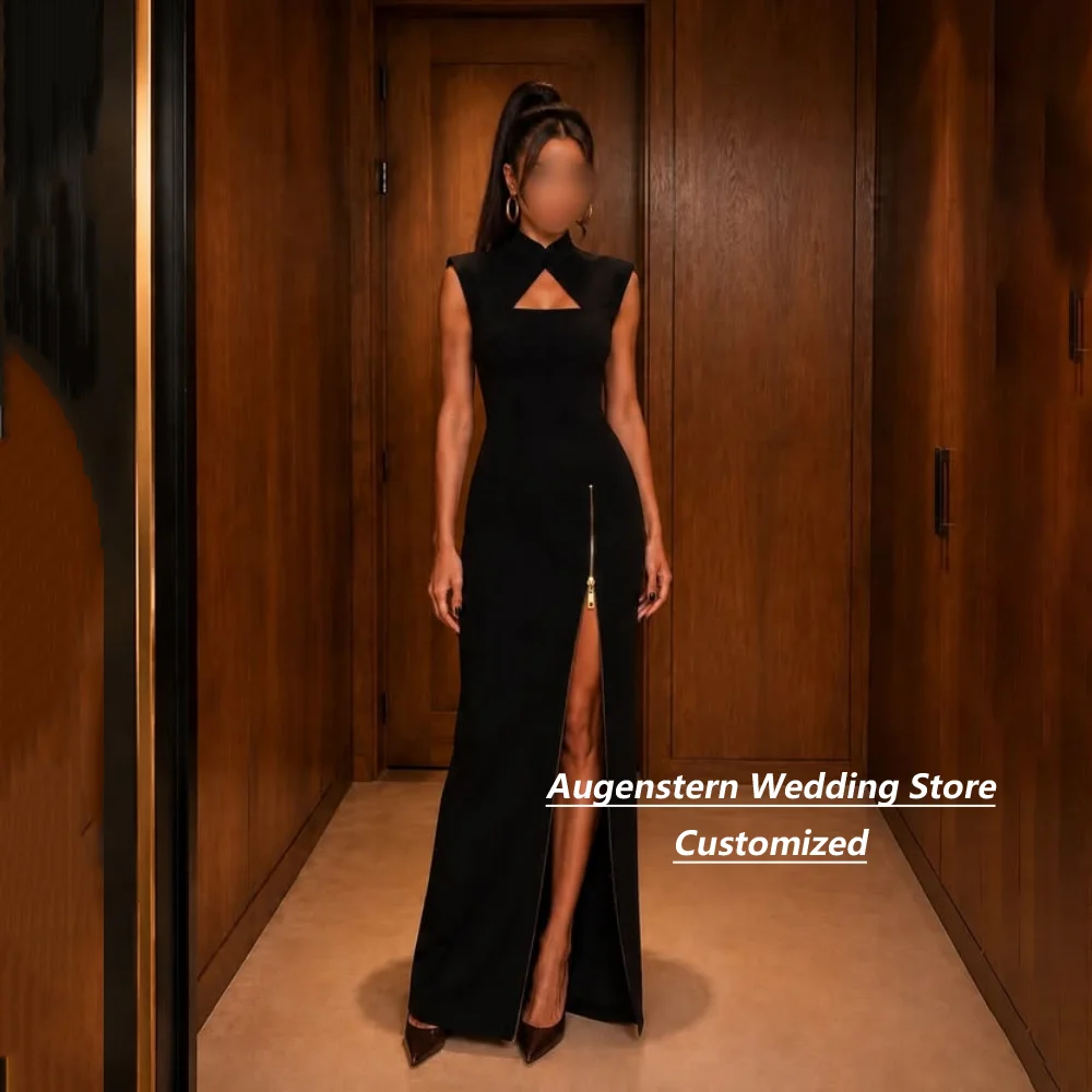 Customized Black Jersey Cutout Back Zipper  Mother Of The Bride Dresses Hollowed Out Split Mermaid Formal Evening Maxi Gown