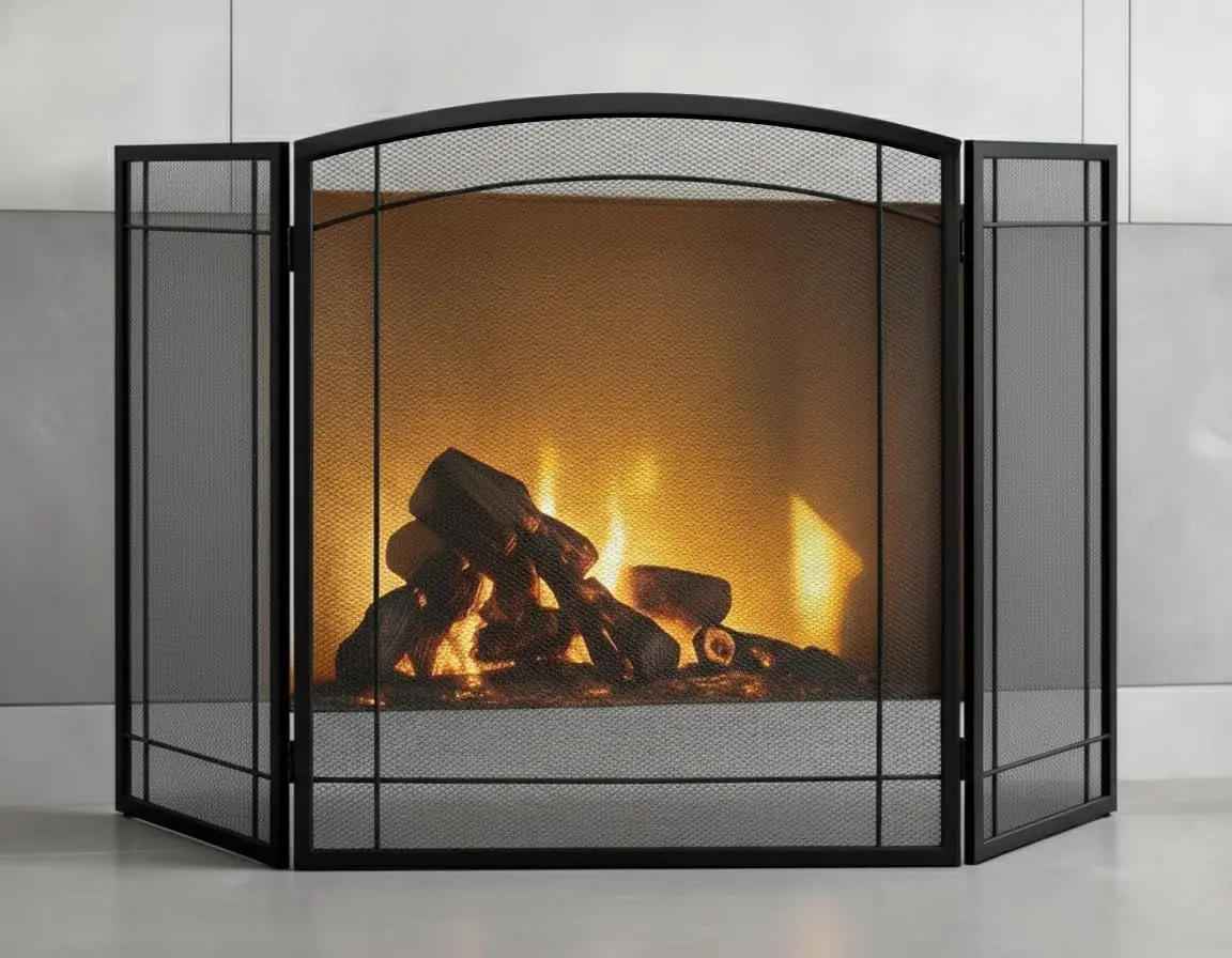 

3 Panel Fireplace Screen 48" W x 29" H Modern Foldable with Wrought Metal Decorative Mesh,Arch Heavy Duty Fire Spark Guard C