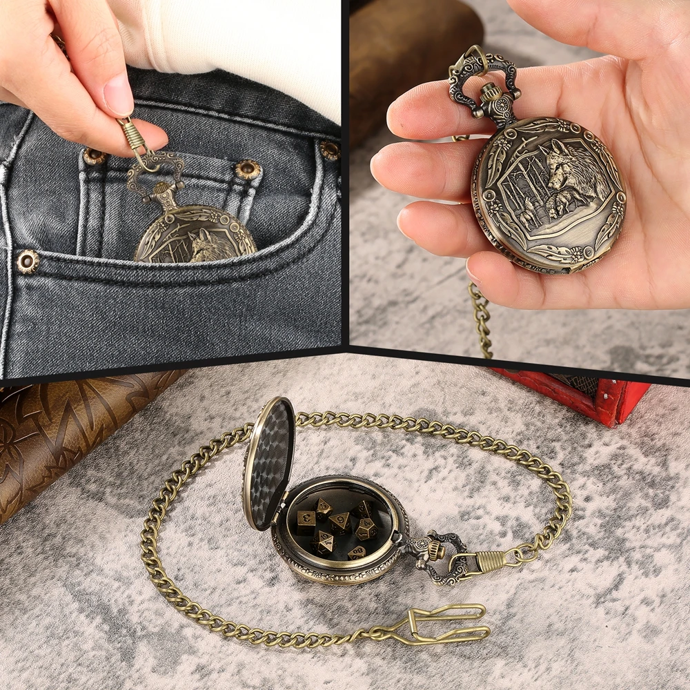 حقيبة ساعة جيب معدنية منحوتة من الذئب ، مصممة تحت عنوان ، لعبة النردات متعددة السطوح ، سلسلة الخصر ، هدايا للرجال ، 7 *