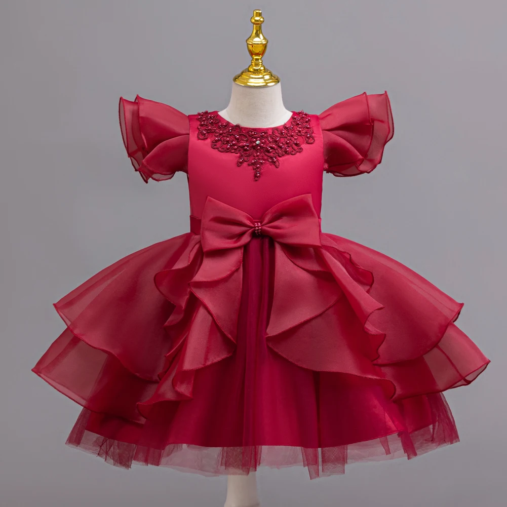 فستان حفلات بأكمام قصيرة مع فيونكة وردية منتفخة للفتيات، مادة بوليستر، مناسبة للفتيات من سن 2 إلى 10 سنوات #3