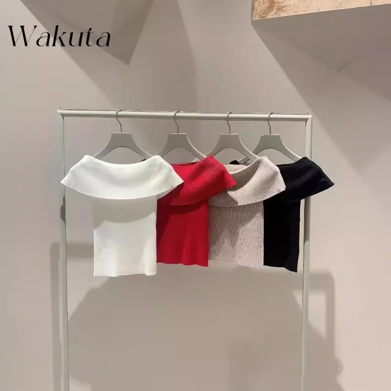 WAKUTA Japanese Retro Elegant One-line Collar Strapless Knit Short-sleeved Temperament Flap Slim Pullover Commuter Fashion Tops