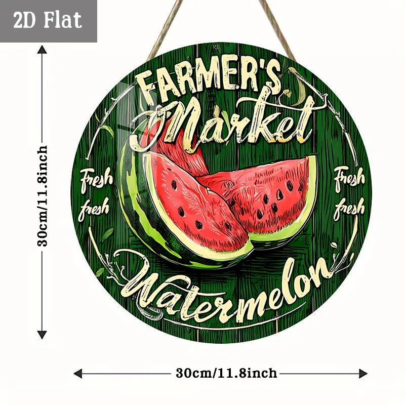2D Flat, 1pc Fresh Watermelon Wood Panel Painting, Farmer Market Round Wall Decor Summer Produce Round Wooden Decoration, Harves