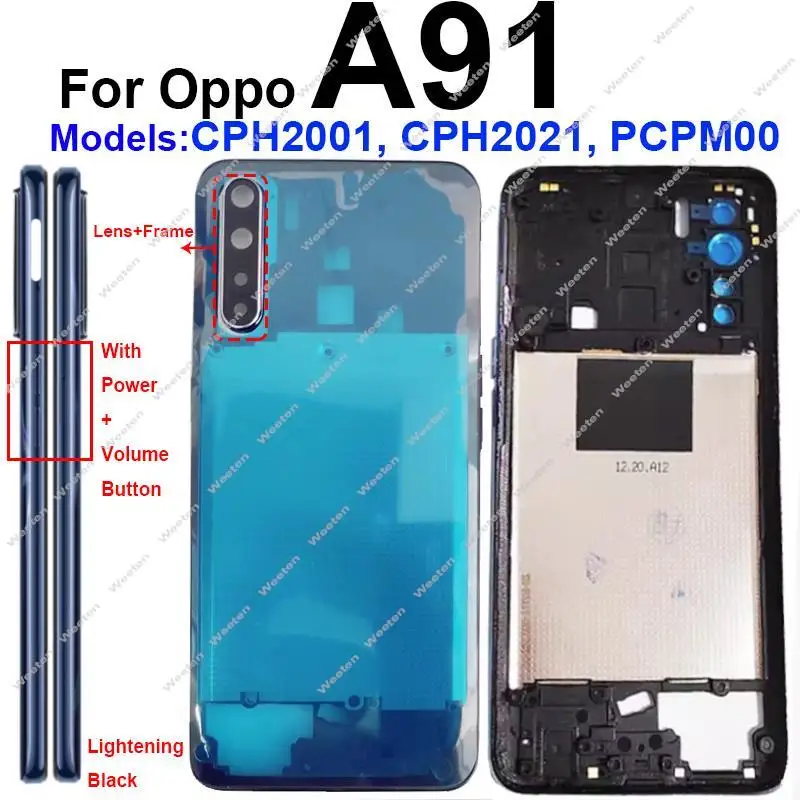 For OPPO A91 4G Middle Housing Middle Frame Bezel Cover with Side Button Camera Lens Frame Parts