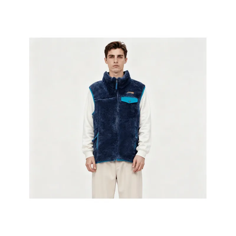 เสื้อกั๊กขนแกะคอตั้งสำหรับผู้ชายใส่กลางแจ้งในฤดูหนาว ผ้าฟลีซคอรัลหนานุ่ม อุ่นสบาย