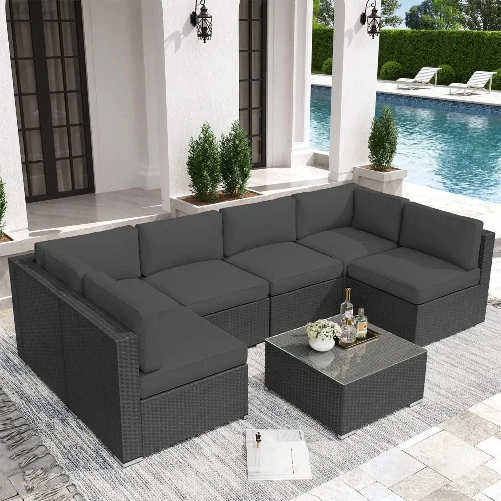 Conjuntos de mobília ao ar livre do pátio, vime preto para todos os tempos, sofá secional do Rattan, mesa de vidro moderna e assento lavável, 7 pcs