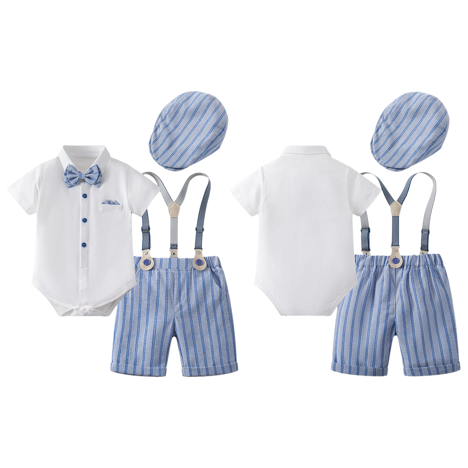 

Baby Boys Clothing Short Sleeve Lapel Shirt Romper with Bowtie Striped Suspender Shorts Hat Banquet Wedding Party Summer Outfit