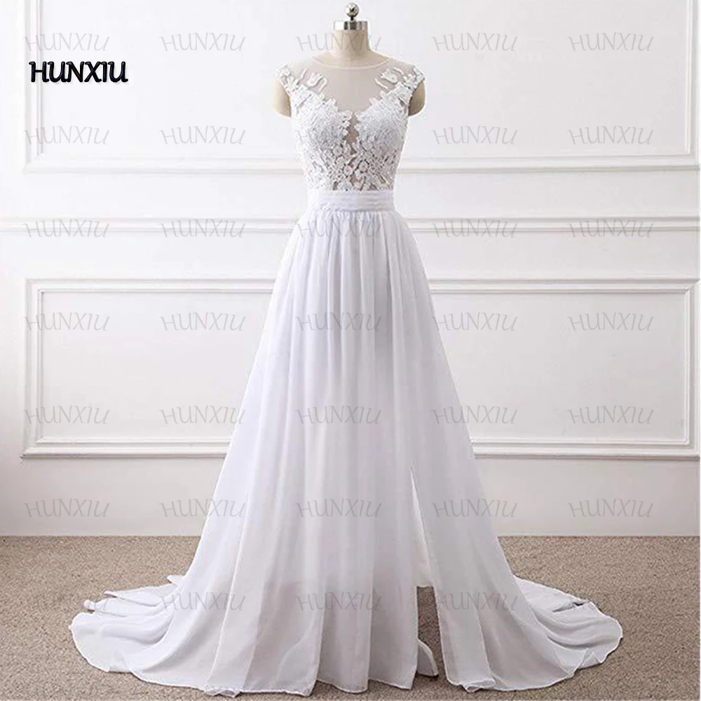 Simples colher pescoço boné manga vestidos de casamento chiffon a linha chão comprimento apliques ilusão tule nupcial vestidos de mariage personalizados