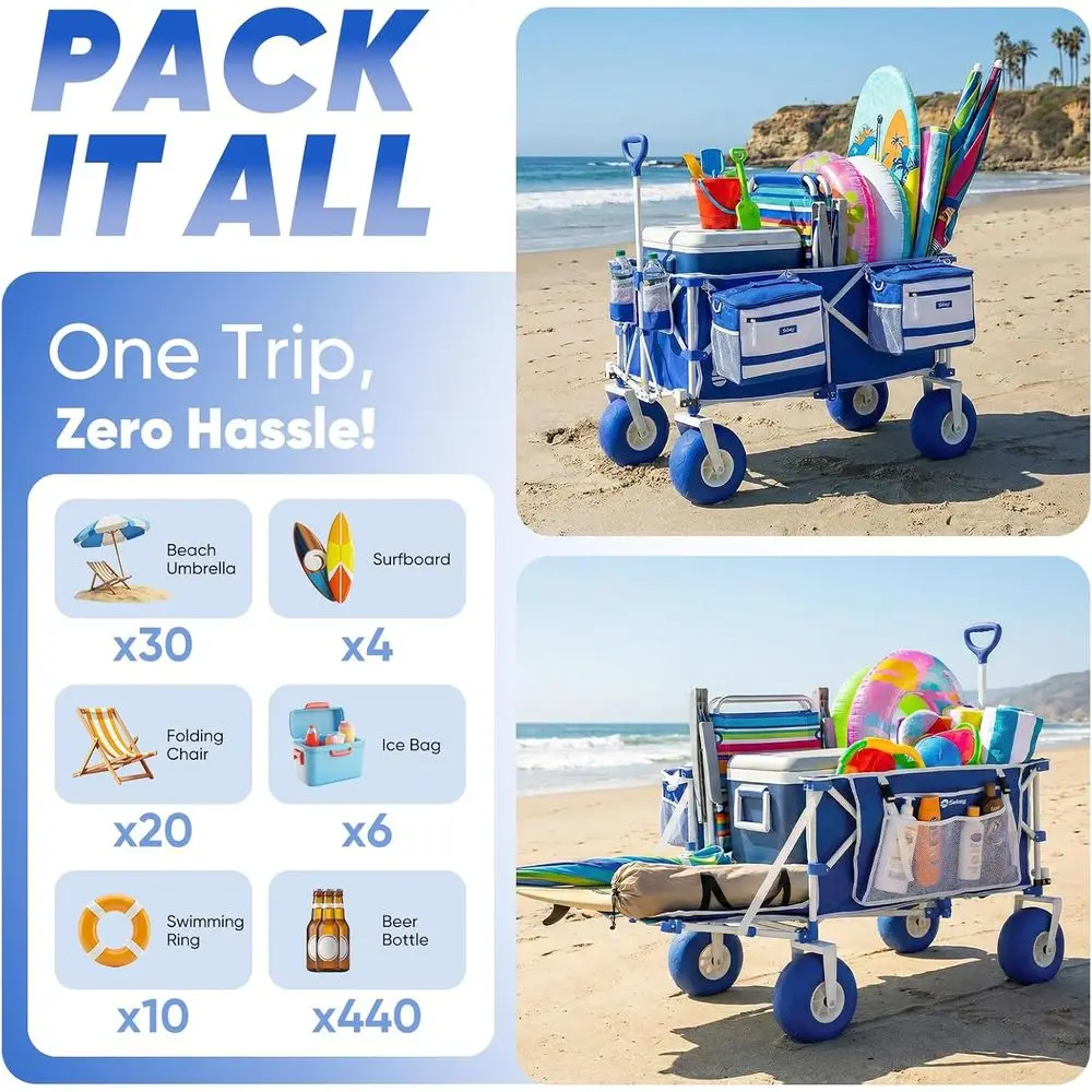Heavy Duty Beach Wagon with 9" Big Sand-Proo Wheels, 300L Oversized oldable Beach Cart with Cooler| Adjustable Handle & Balloon view 5