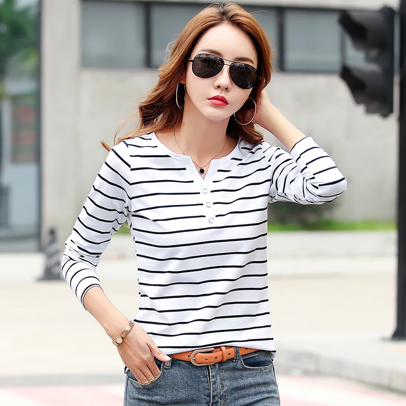 Autumn Female Clothing Casual Cotton T-Shirt  Women 2023 Spring Long Sleeve Striped Fashion Tops Tee Lady V-neck T-Shirt 7215 50