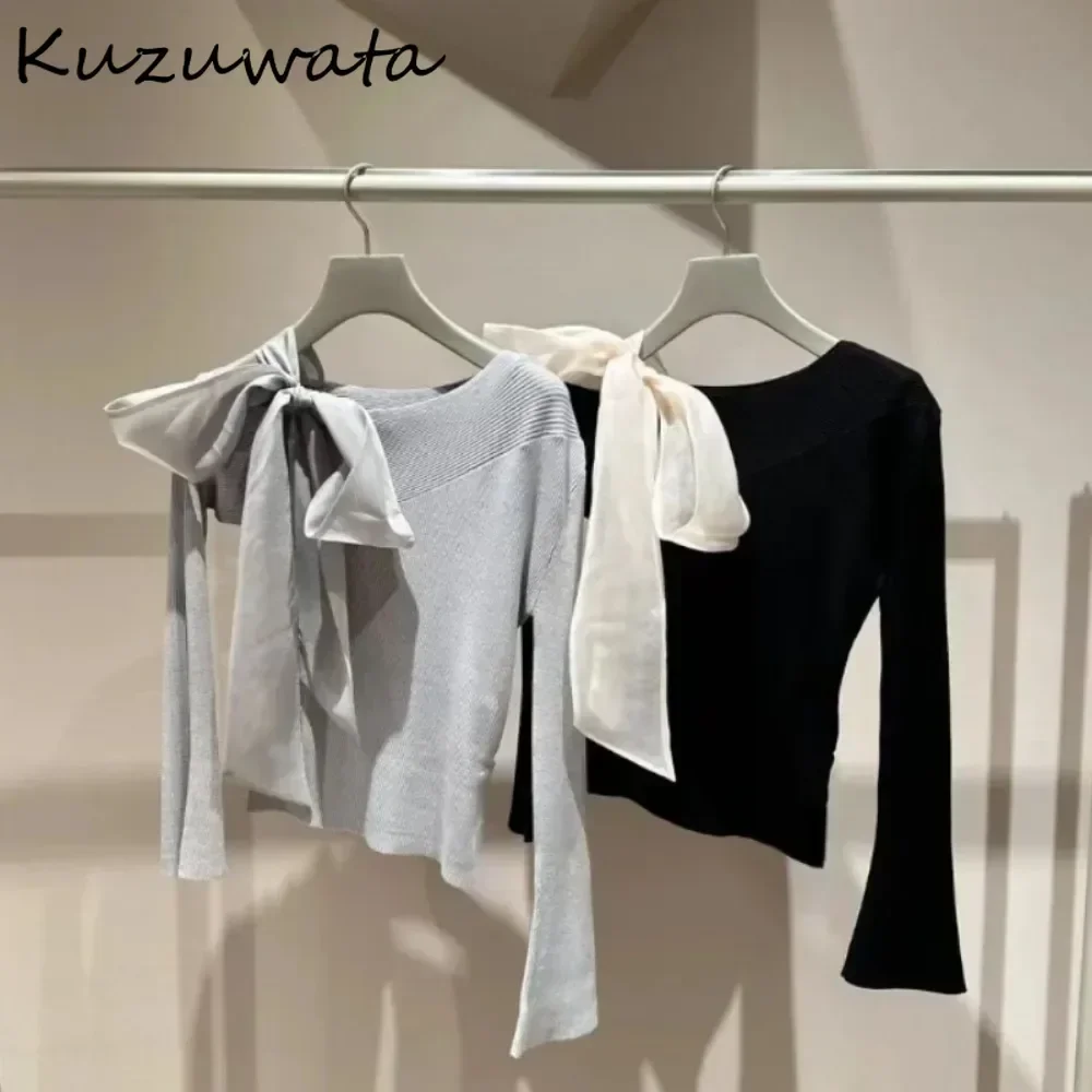 Kuzuwata Autumn Literary Skew Collar Flare Sleeve Knitted Bow Sweet Off Shoulder All-match Jumper Japan New Pullover Lace Up Top