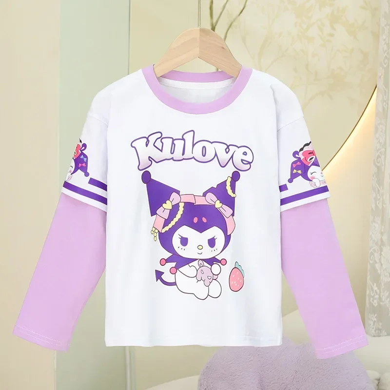 Sanrio camiseta de manga comprida infantil, My Melody Ins, fofa moda Cinnamoroll, calça casual de duas peças, presentes Kawaii, primavera e outono