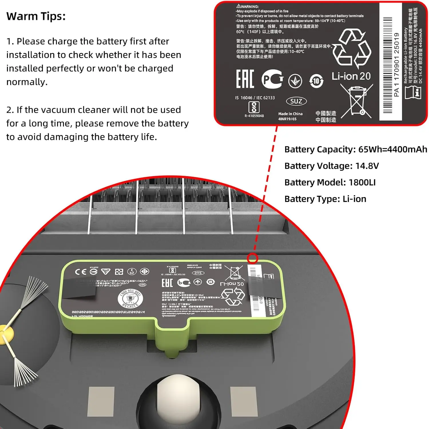 For iRobot Roomba Battery 1800LI Lithium Ion Battery for Roomba 690 675 960 895 890 860 850 680 695 680 690 670 640 614 Series