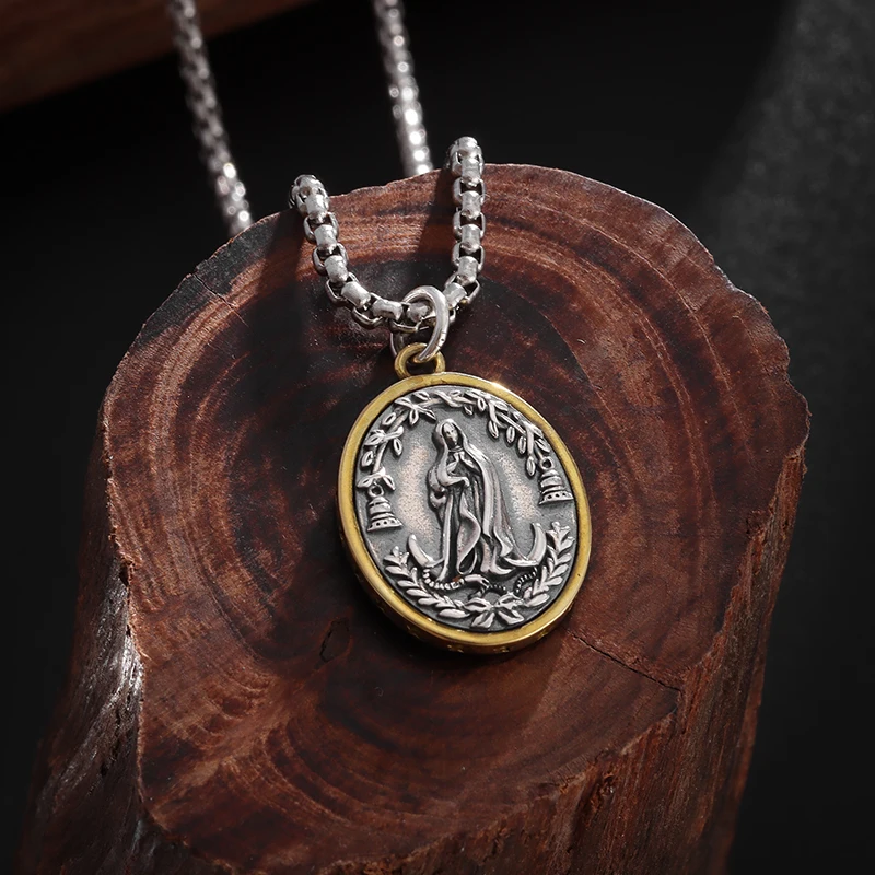 Vintage Catholic Style Virgin Mary Medal Pendant Stainless Steel Necklace for Men Women Church Wear Prayer Jewelry Amulet Gift image 4