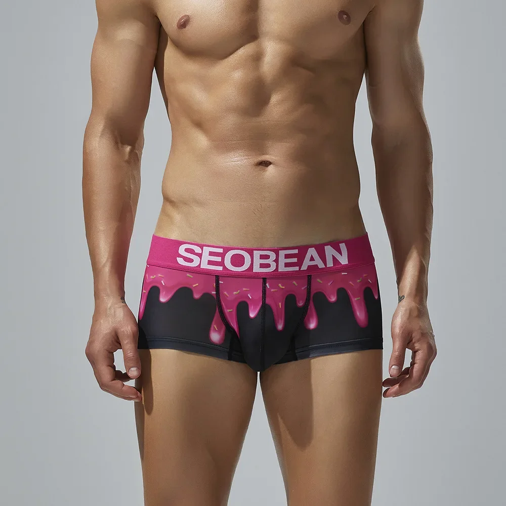 Sexy Men Underwear Print Ice Silk Elastic Comfy Quick Dry Sports Boxer Shorts Youth Low Waist U Convex Pouch Cotton Crotch Trunk
