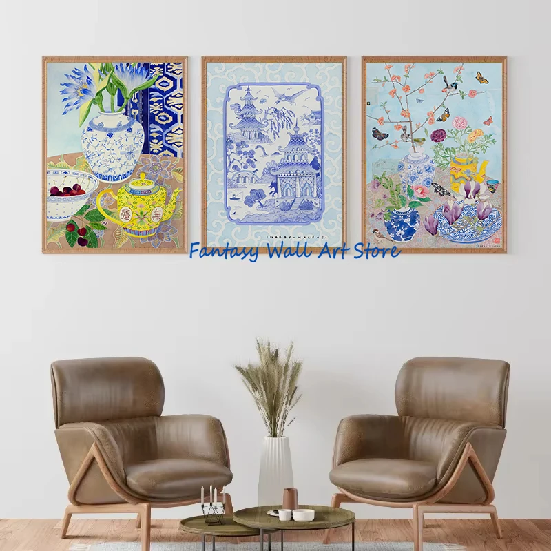 Chinoiserie Watercolour Blue Painting Flowers Still Life Botanical Art Chinese Traditional Poster Canvas Painting Wall Pictures