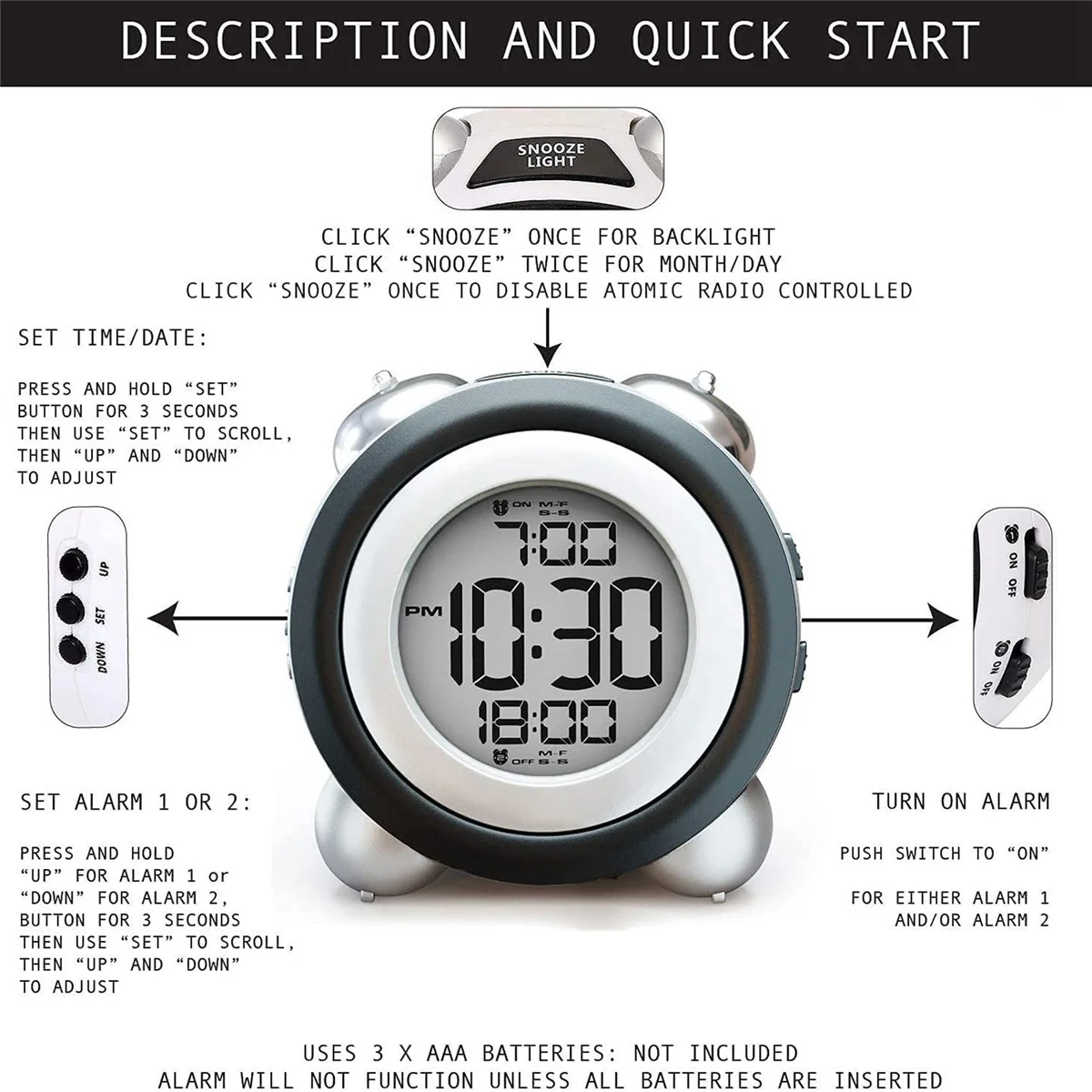 Despertador duplo digital com luz de fundo azul para adolescentes, data de hora, Twin Bell, muito alto para dormentes pesados