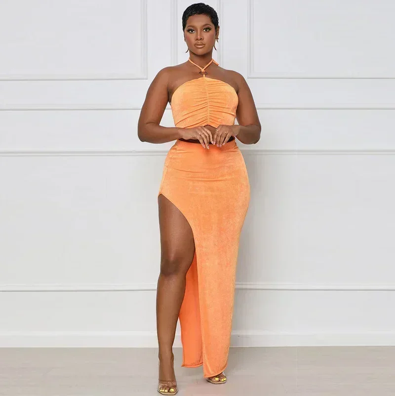 

GUWU High Side Split High Waist Maxi Midi Skirt and Hatler Ruched Crop Top Matching Set Elegant Women Two 2 Piece Outfit