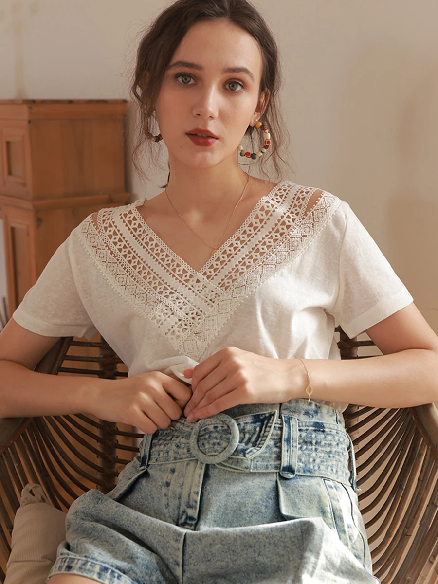 

Lace Hollow Out Cotton Vintage T-shirt V-Neck Women Short Sleeve Tshirts 2023 Summer Casual Elegant Chic Cozy Simple Femme Tops