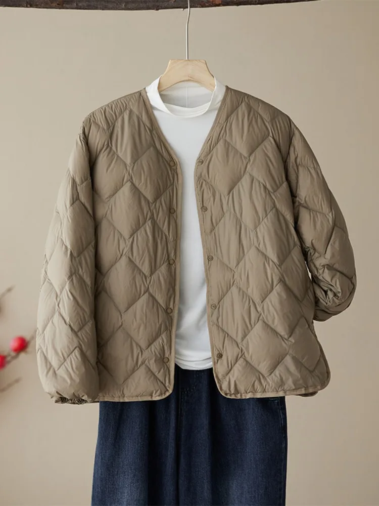 

High-End Quilted Lightweight down Cotton Jaet Women Winter Loose Casual Warm ort Coat Cotton Padded V-Ne Long Sve