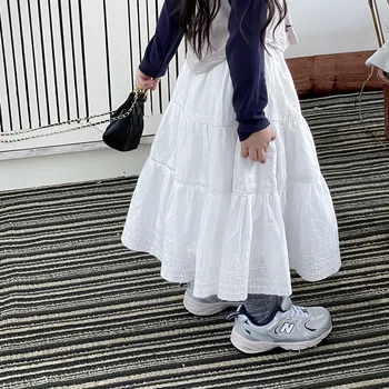 Skirt Princess Girls French Retro Style High Waisted Baby Lace Embroidery Long Childrens Clothing 2024 Elastic Waist 5